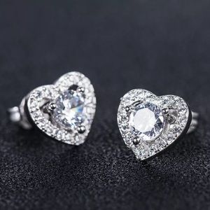 Silver Diamond Heart Stud Earrings